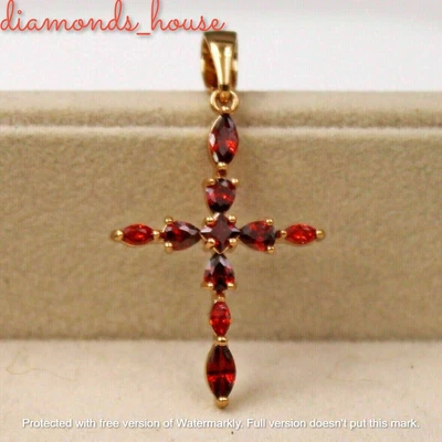 $106.99 • Buy 2Ct Pear Cut Simulated Garnet Cross Pendant 14K Yellow Gold Plated Silver Chain