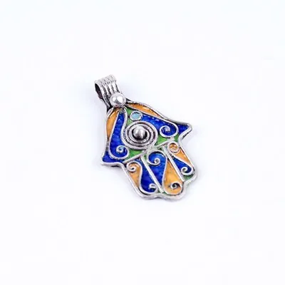 Moroccan Enamel Silver Hand Of Fatima Hamsa Pendant Amulet Berber Jewelry • $42