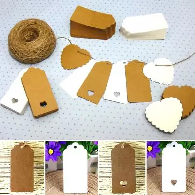 £4.15 • Buy 10/25/50/100 Kraft Paper Gift Tags Scallop Label Rectangular Blank + Strings*UK*