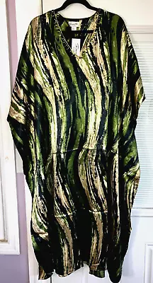  New Sante Mumu 1x 2x 3x Caftan House Dress Green Black Beige Shiny Brush Stroke • $21.99