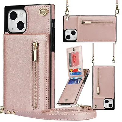 $16.99 • Buy Case For IPhone 14 13 12 Pro XR XS Max 8 7 Crossbody Strap Leather Wallet Cover