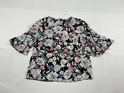 Women's Miss Selfridge Blouse Shirt Top Short Sleeve Size 6 Floral Black #1117 • $8.99