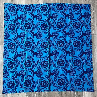 Blue Pattern Fabric Remnant C. 70s 90 X 90cm Vintage Stylized Floral Pattern • £9.99