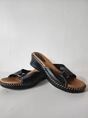 Minnetonka Sandals Black Size 8 Leather Slides Slip On Silver Detail  Ring • $20