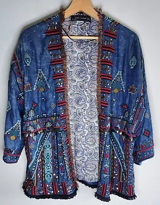 Zara Chambray Embroidered Beaded Fringe Oversized Bohemian Kimono Jacket Size S • $50