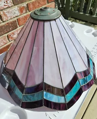 Vtg Leaded Slag Glass Lamp Shade 16 In Diameter Purple Teal Mauve Scalloped Edge • $39.99