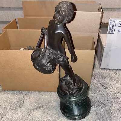 Vintage Bronze Statue Sculpture Boy Holding A Basket On A Green Marble Base • $26.60