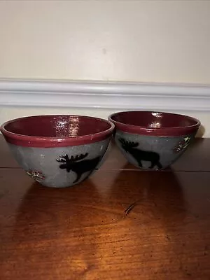 Boot Hill Pottery Bowls Moose & Holly Sprigs Handcrafted Signed 2 Bowls EUC • $34