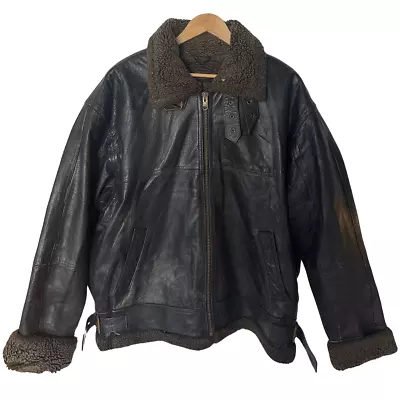 Vintage Mens Aviator B3 Flight Black Leather Sheepskin Shearling Bomber Jacket • £125