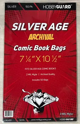 50 Silver Age 2 Mil Archival MYLAR Comic Book Bags HOBBYGUARD 7-1/4  X 10-1/2  • $17.99