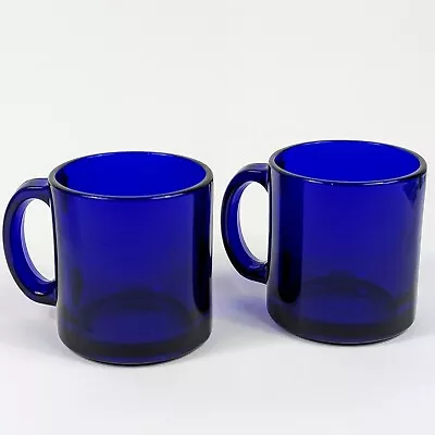 Vintage Set 2 COBALT BLUE GLASS MUGS Made USA HEAVY Coffee Tea Cup Kitchen 12 Oz • $29.92