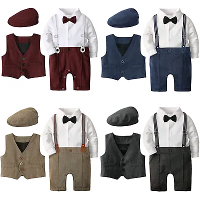 Newborn Outfits Set Infant Wedding Party Tuxedo Baby Boy Formal Suit Romper+Hat • £17.99