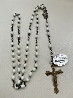 Vintage Catholic Bead Milky White Quartz Rosary Crucifix Mary Mother God Pendant • $18