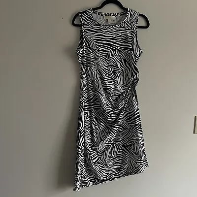 MICHAEL Michael Kors M Black White Zebra Print Organic Cotton Ruched Dress NWT • $33.14