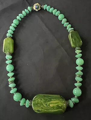 Vintage Marbled Peking Glass Green Bakelite Aurora Borealis Rhinestone Necklace • $49