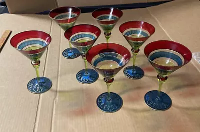 Set Of 7 Pier 1 Martini Glasses Multicolored Mouth Blown Hand Decorated • $61.95