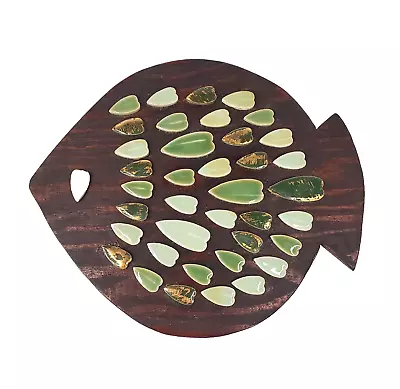 Vintage MCM Handmade Wood & Tile Trivet Mosaic Fish Shape Green Gold 9.5  • $13.59