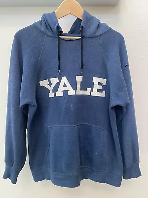 YALE Vintage 70s 80s Collegiate Distressed Hoodie Velva Sheen Blue Med 20”x23.5” • $50