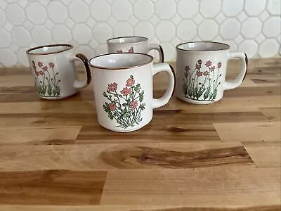 Set Of  4 Vintage  Brown Speckled Pink Flowers Coffee Tea Cups Mugs Boho 70s • $22.99