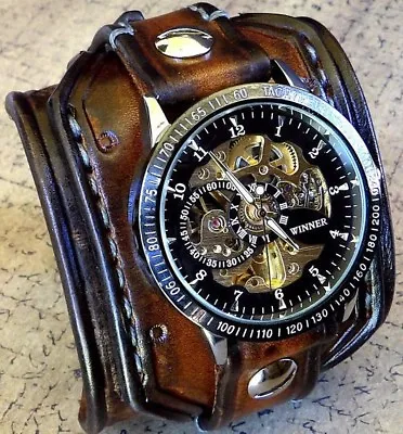Steampunk Leather Wrist Watch Skeleton Men's Watch Brown Leather Watch Cuff  • $219