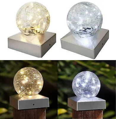 Solar Led Deck Cap Crackle Glass Ball Light Garden Outdoor Post Fence Lights New • £49.95