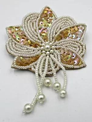 £11.02 • Buy VTG Big SEQUINED Off White FAUX PEARL BEAD FLOWER Brooch Silver Tone Metal Pin