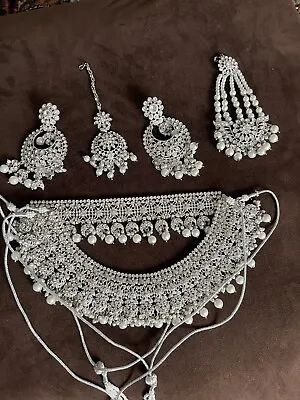 Silver Bridal Indian Pakistani Wedding Jewellery Choker Necklace Earrings Tikka • $186.50