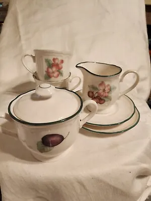 Epoch Set Of 2 Cups &2 Saucers  1 Creamer  And Sugar Bowl Market Day Porcelain   • $32.99