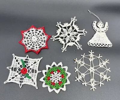 Set Of 6 Vintage Lace Crocheted Starched Angel Snowflakes Christmas Ornaments • $12.99