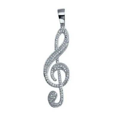 Men's Sterling Silver Treble Clef Musical Note Hip Hop Pendant W/ Micro Pave CZ  • $24.99