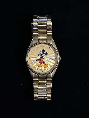 SEIKO Working Mickey Mouse Gold Tone Quartz Watch Sunburst Dial Day / Date • $69.99