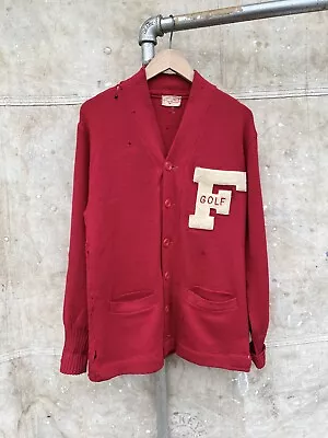 Vtg 1940s Award Sweater Cardigan Letter F Golf All Wool 40s Varsity Red • $9.99