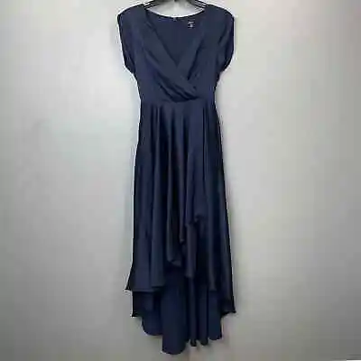 Lulus Fallen For You Satin High-Low Dress Womens XS Navy Blue Faux Wrap V-Neck • £27.01