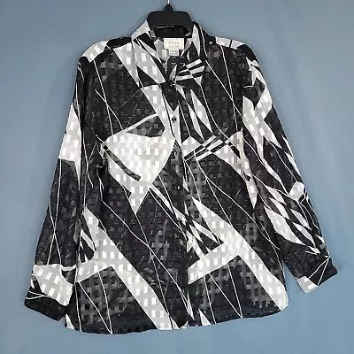 Voir Women's Button Up Long Sleeve Sheer Blouse Black & White Size XL • $12.84