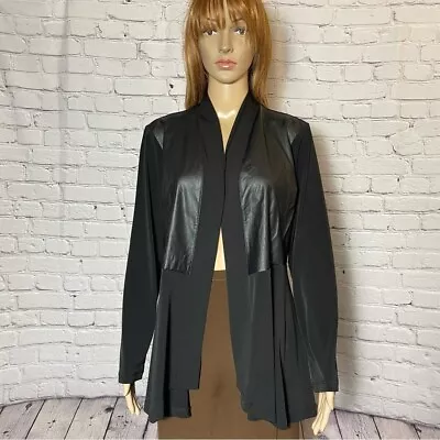 Susan Graver Black Liquid Knit Faux Leather Panels Cardigan Size M • £25.19