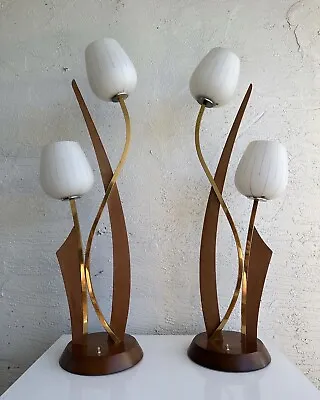Vintage Mid Century Otto Guggenheim Walnut Brass Satin Glass Table Lamp Pair • $1500