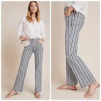 Anthropologie Alena Vertical Striped Blue & White Wide Leg Denim Pants Size 28 • $42.63