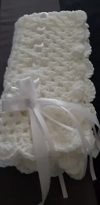 Hand Crochet Baby Girls Blanket Car Seat 26  Square WHITE  *NEW* • £12