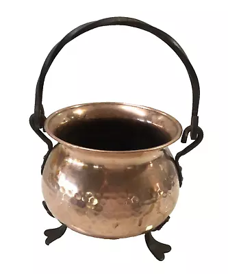 Vintage Hammered Footed Copper Cauldron Planter Twist Wrought Iron Handle • $39.99