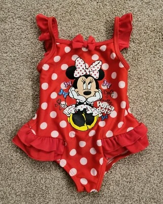 £4 • Buy Disney Minnie Mouse Red Polkadot Frill Swimming Costume Swimsuit Size 3-6 Months
