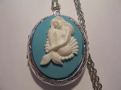 Cameo Locket Beautiful Mermaid White/blue 24  Chain • $26.99