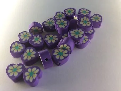 25 X Purple/white Multi Handmade Polymer Clay Heart Beads(9-11x10-11x4-5mm) • £1.59