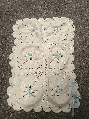 Handmade Crocheted Blue & White Baby Blanket Suitable For Pram Pushchair Or Car • £7.99