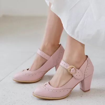 Women's Lolita Mary Jane High Heel Ankle Strap Dress Pumps Pointed Buckle Shoes • £22.67
