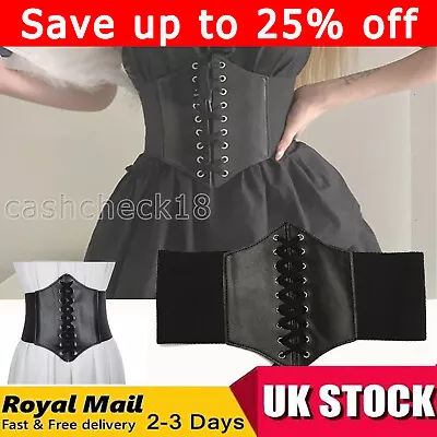 Black Women Waist Cincher Corset Wide Waistband Leather Elastic Tied Waspie Belt • £3.62