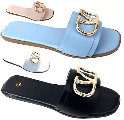 Ladies Womens Flat Sliders Slip On Mules Summer Fashion Buckle Holiday Sandals • £10.99