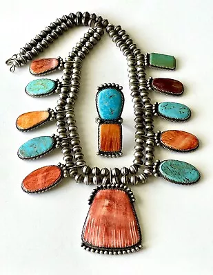 Vintage Navajo Sterling Silver Spiny Oyster & Turquoise Squash Blossom Necklace  • $1400