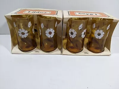 Vintage NOS Libbey Beverage Glasses 12oz Amber White Daisy Floral New 8 Cups • $45.12