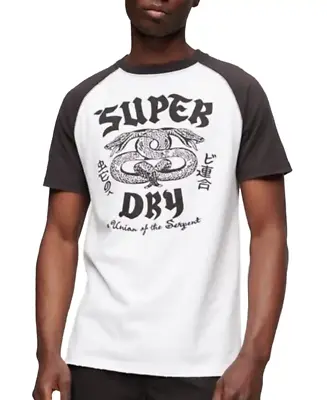 Superdry Mens Blackout Rock Graphic Raglan T-Shirt White/Grey • £26.99