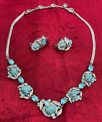 HOLLYCRAFT -Parure Necklace Earrings Silver Turquoise Cabochon Gems Vintage 50's • $169